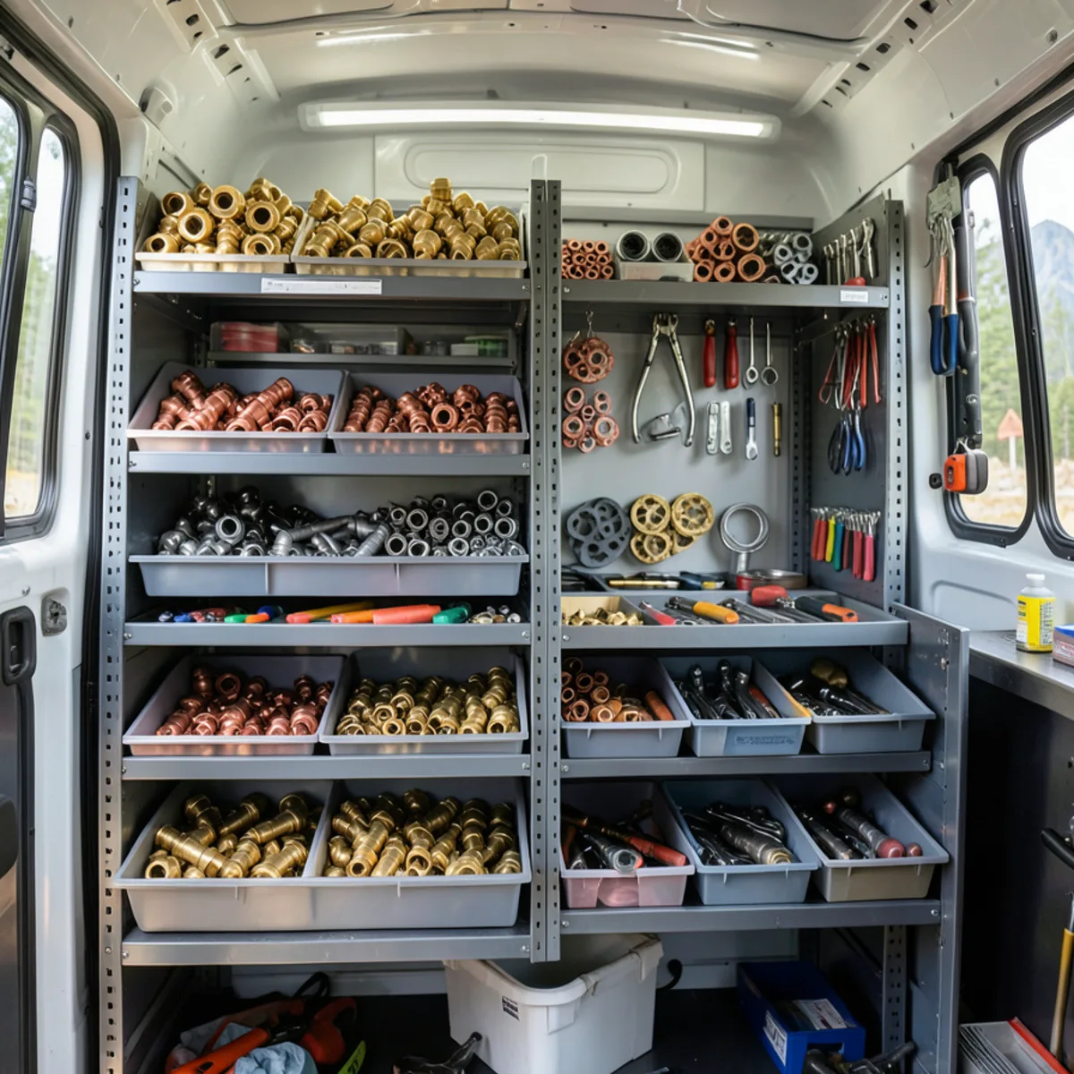 Interior shelving of trade service vehicle stocked with brass valves, copper couplings, and PEX rings