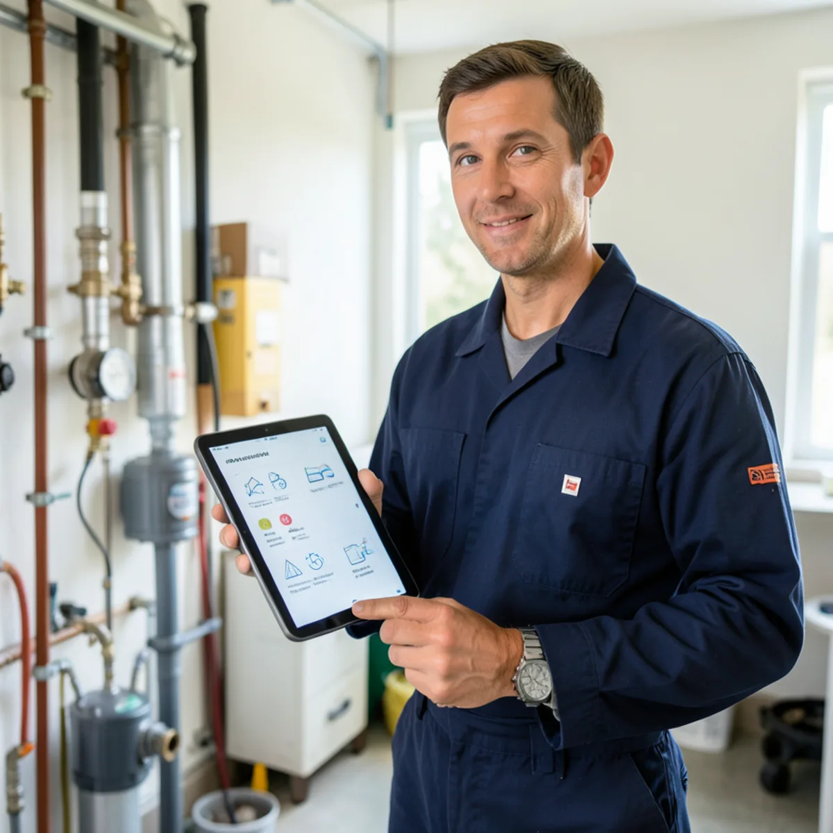 Plumber in clean navy workwear holding illuminated digital tablet inside a residential mechanical room
