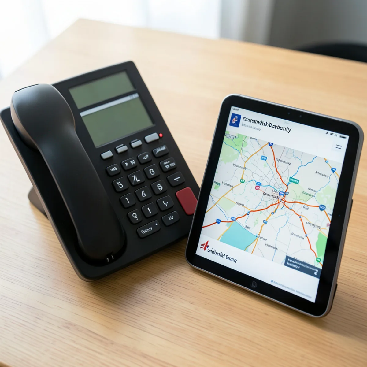 Close-up of business telephone console with illuminated call button beside digital routing tablet