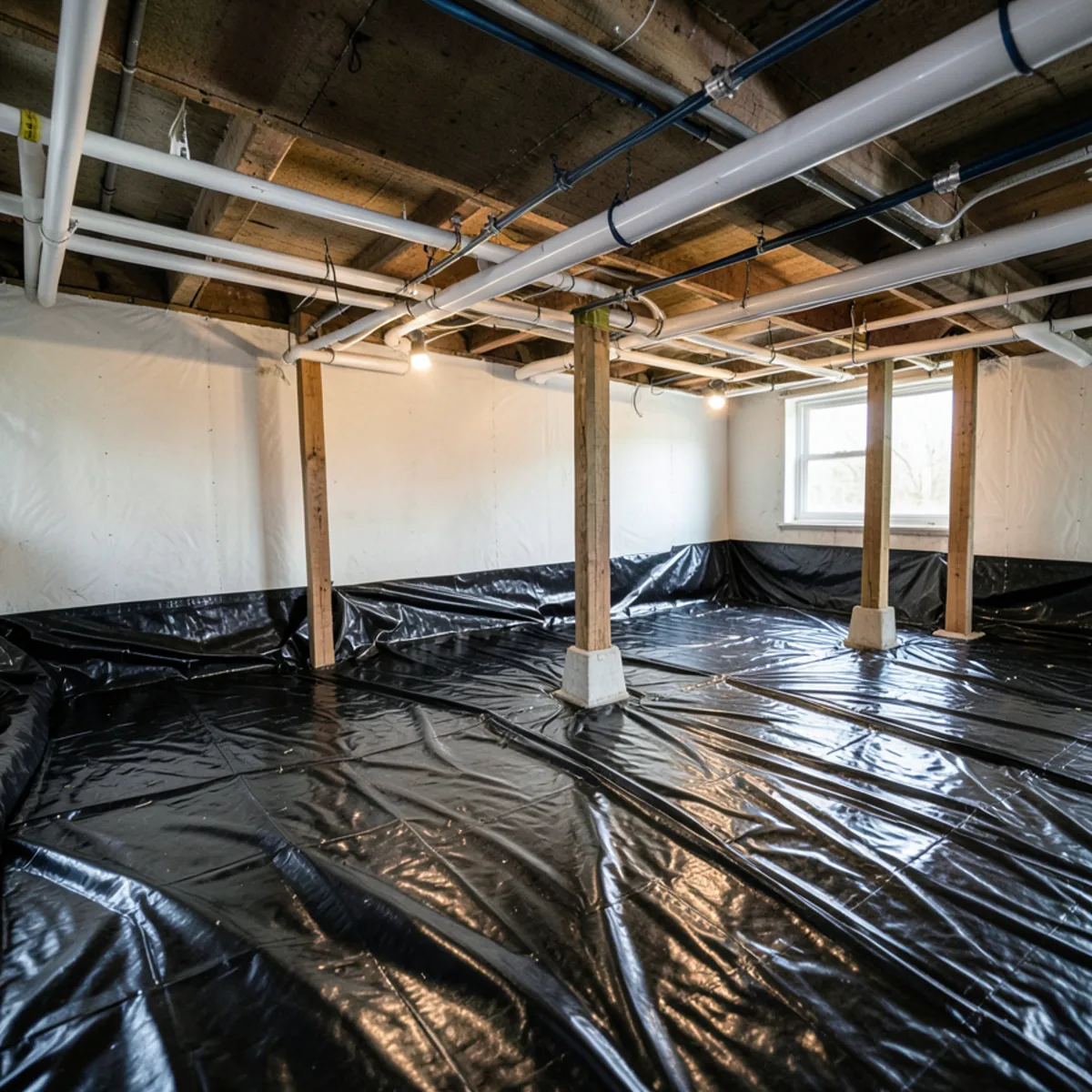 Pristine 10-mil black polyethylene vapor barrier sealed across crawlspace ground and piers