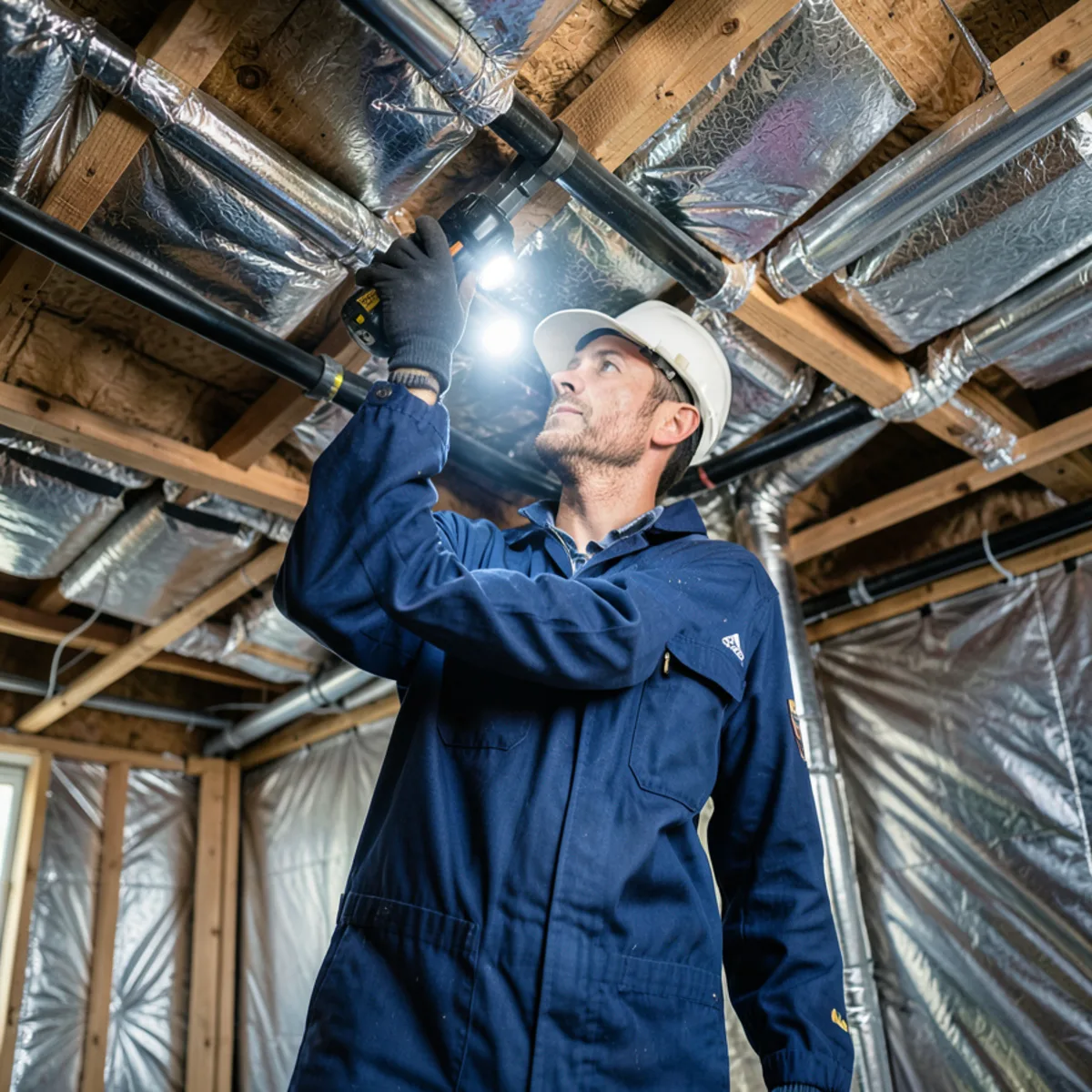 Plumber in protective coveralls using high-lumen light to inspect overhead water lines in crawlspace