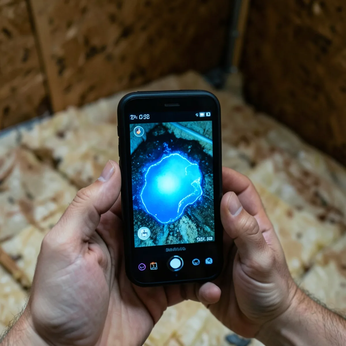 Handheld thermal camera screen displaying bright blue cold anomaly indicating subfloor moisture
