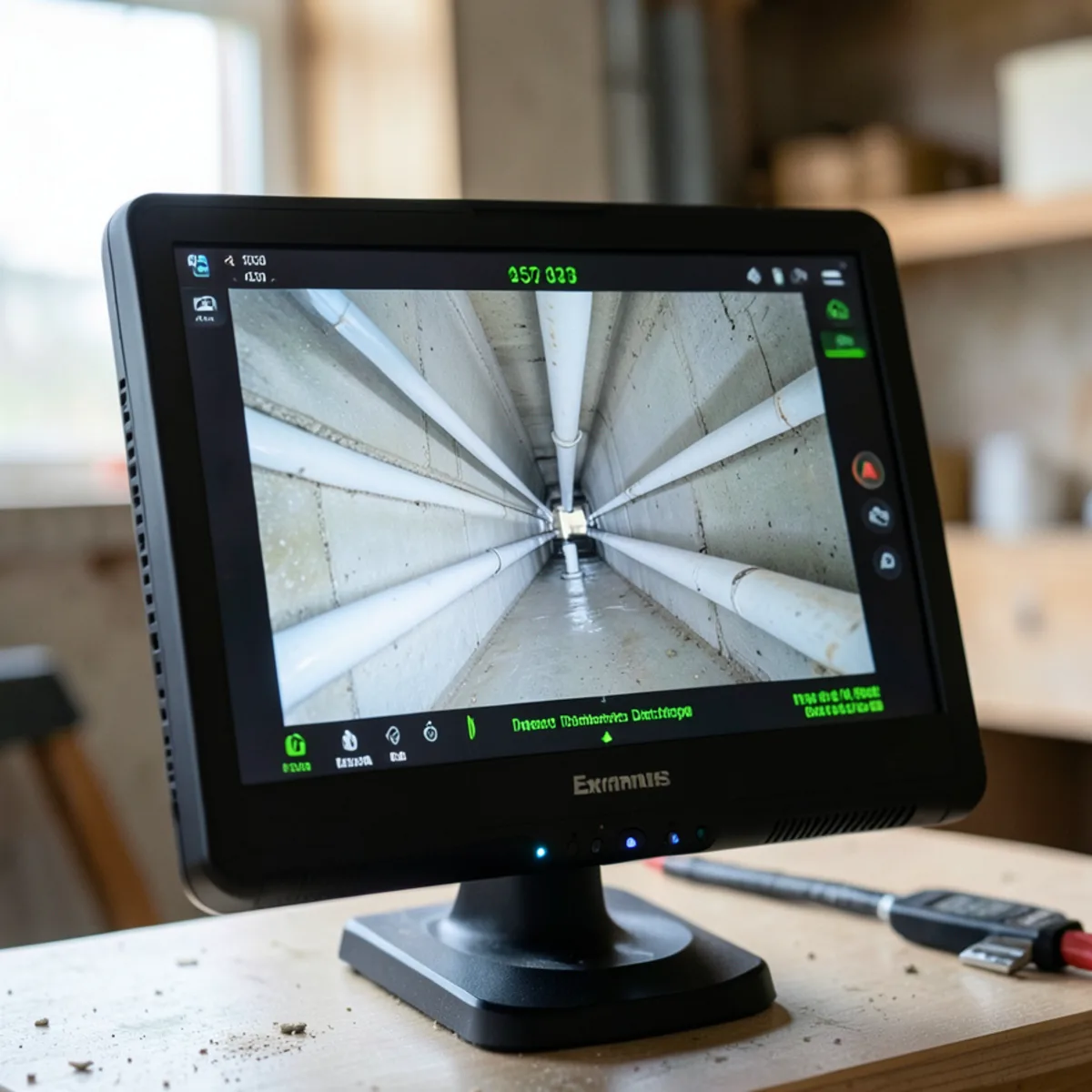 Color sewer camera monitor showing clean interior PVC pipe walls after hydro-jetting