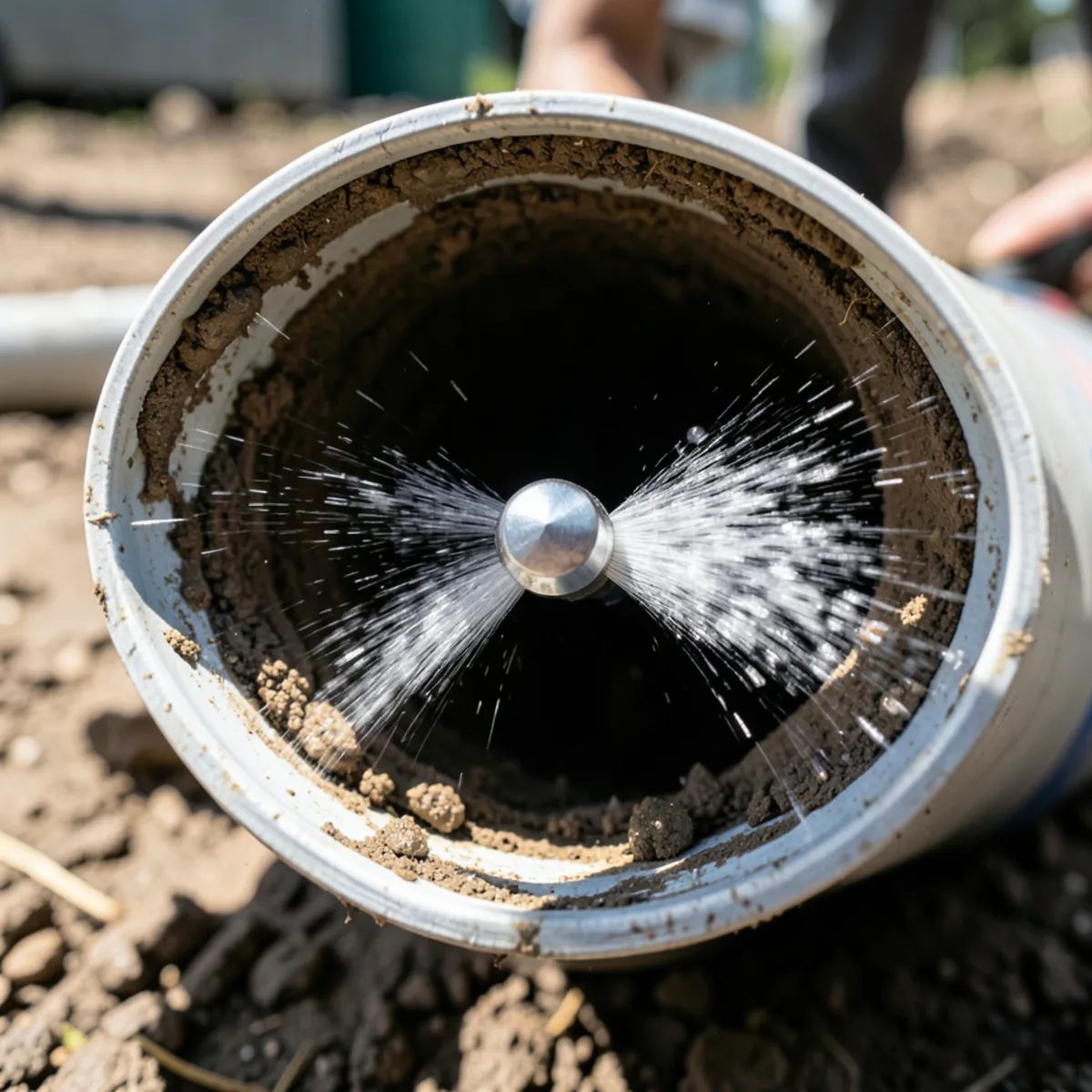 Stainless steel hydro-jetter nozzle blasting forward and rearward water streams inside a pipe
