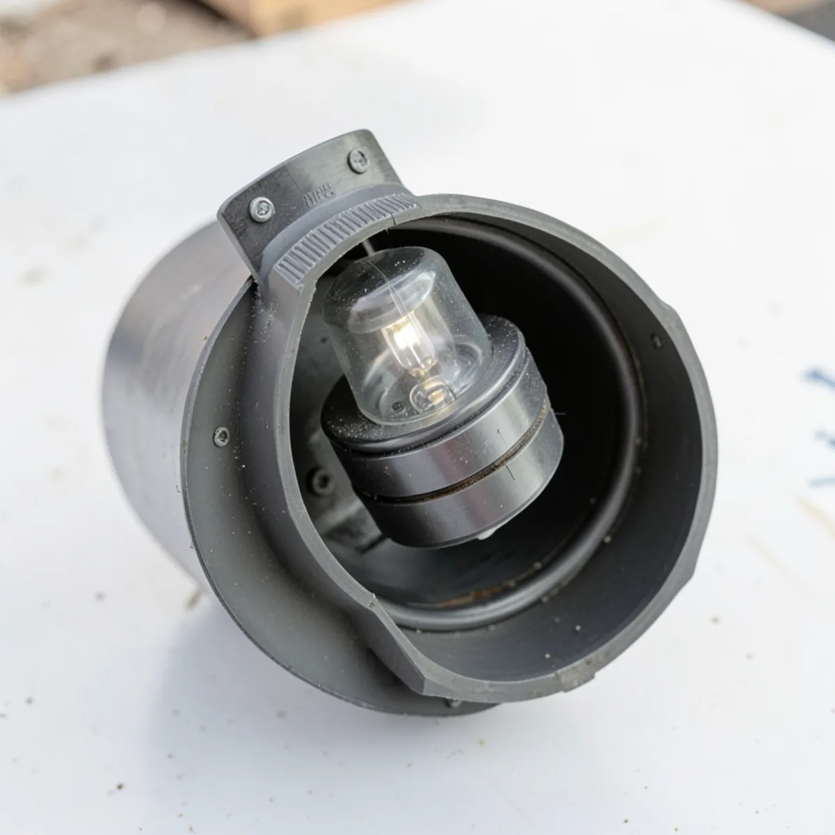 Transparent cutaway view of backwater valve with flapper sealed tightly against reversing wastewater