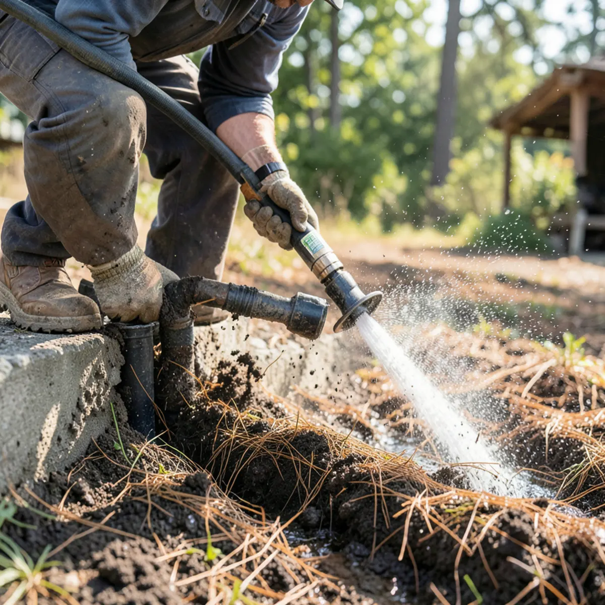 High-pressure jetting hose flushing heavy soil silt and decayed pine needles out of perimeter drain