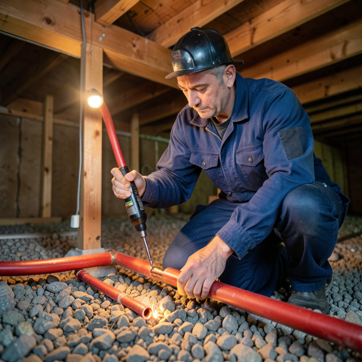 Plumber in protective coveralls using expansion tool to splice flexible PEX into burst crawlspace pipe