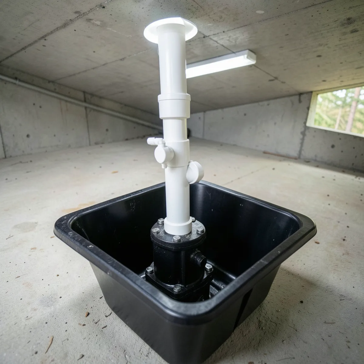 Submersible cast-iron sump pump operating inside a basement drainage basin