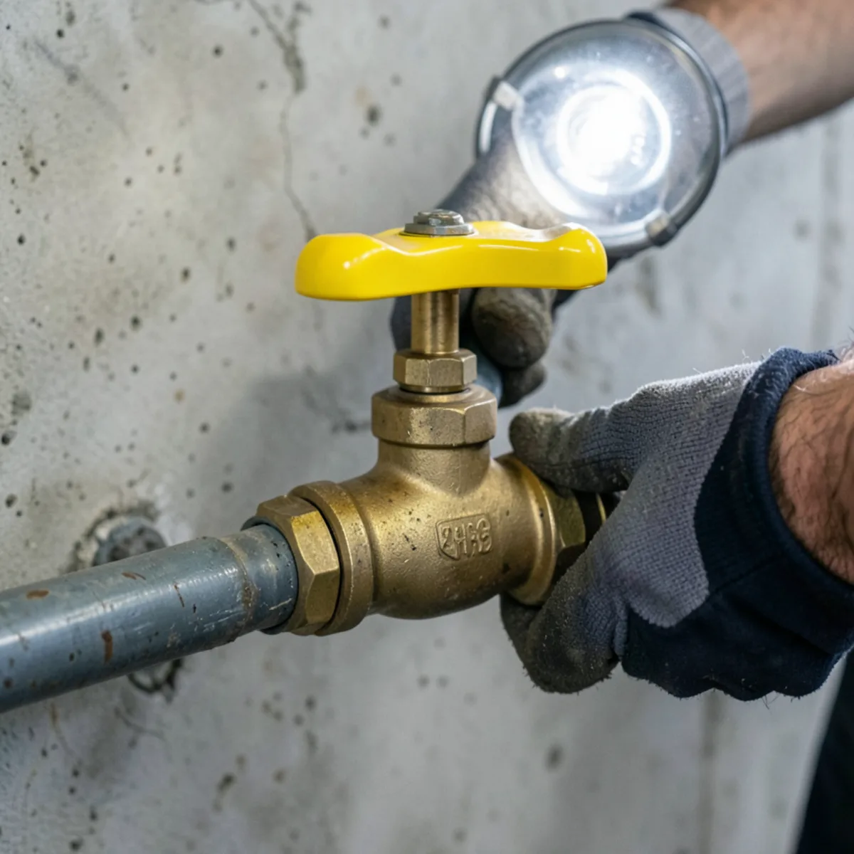 Gloved hand turning bright yellow lever on a brass ball valve to cut incoming water supply