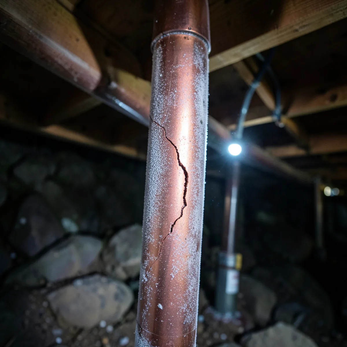 Frozen copper water line with surface frost and stress crack inside a cold crawlspace