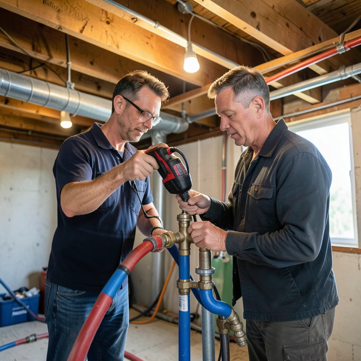 Plumber installing color-coded blue and red Uponor PEX-A water distribution manifold in a basement