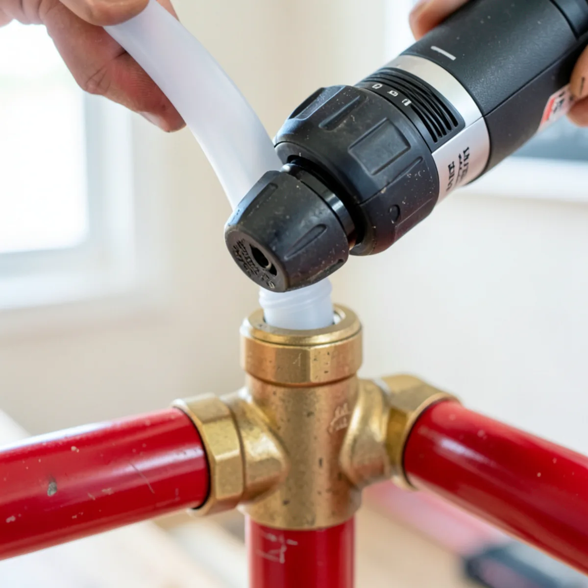 Cordless PEX expansion tool expanding cold-expansion sleeve over a brass elbow fitting
