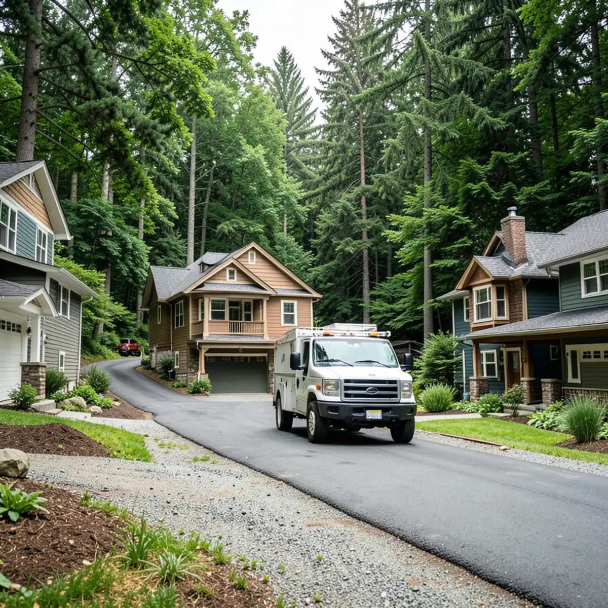 Craftsman homes in Bothell's Canyon Park surrounded by trees with service vehicle in driveway