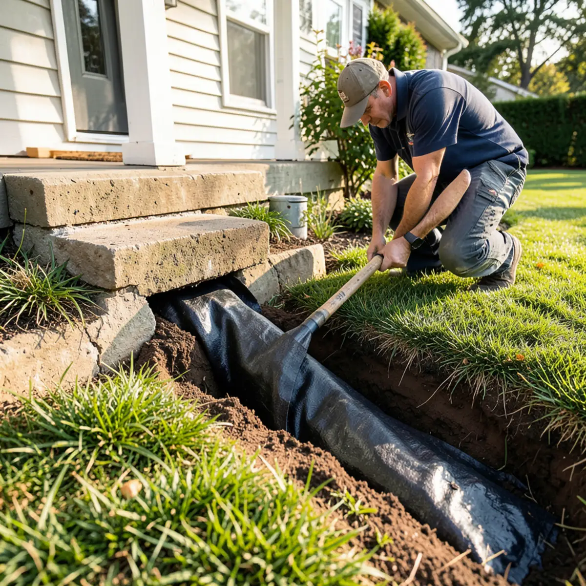 Technician pulling epoxy-saturated felt liner into clay side sewer from access hole by front porch