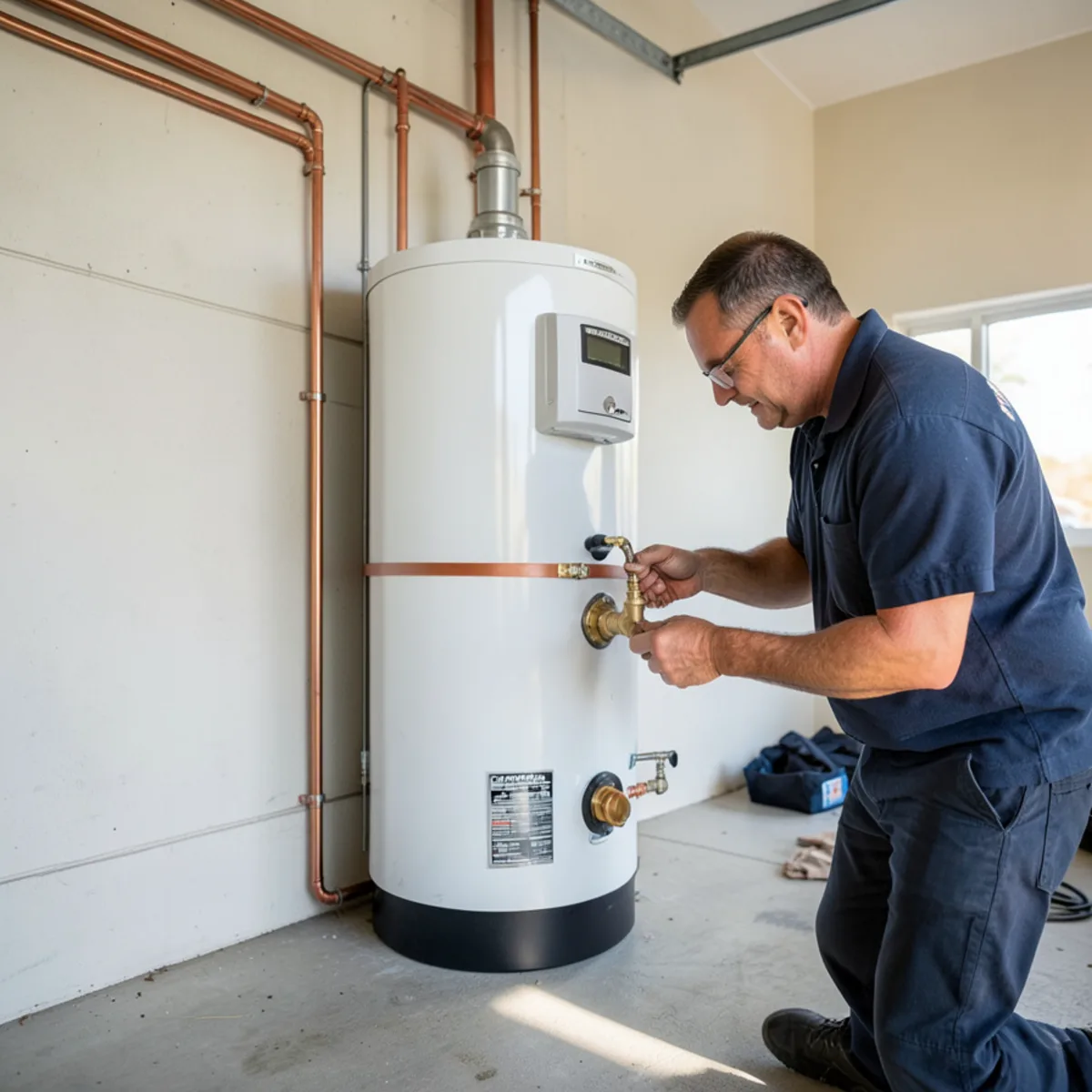 Newly installed hybrid electric water heater inside a Cavalero Hill garage