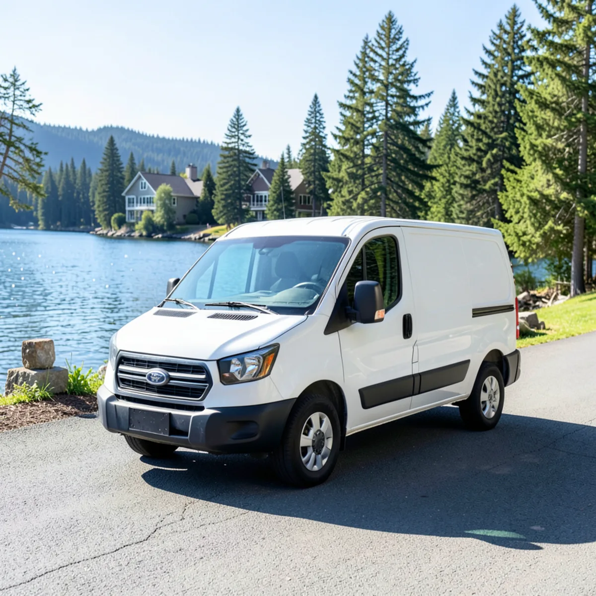 Plumbing service vehicle parked at a lakeside home in Lake Stevens with calm blue water in background
