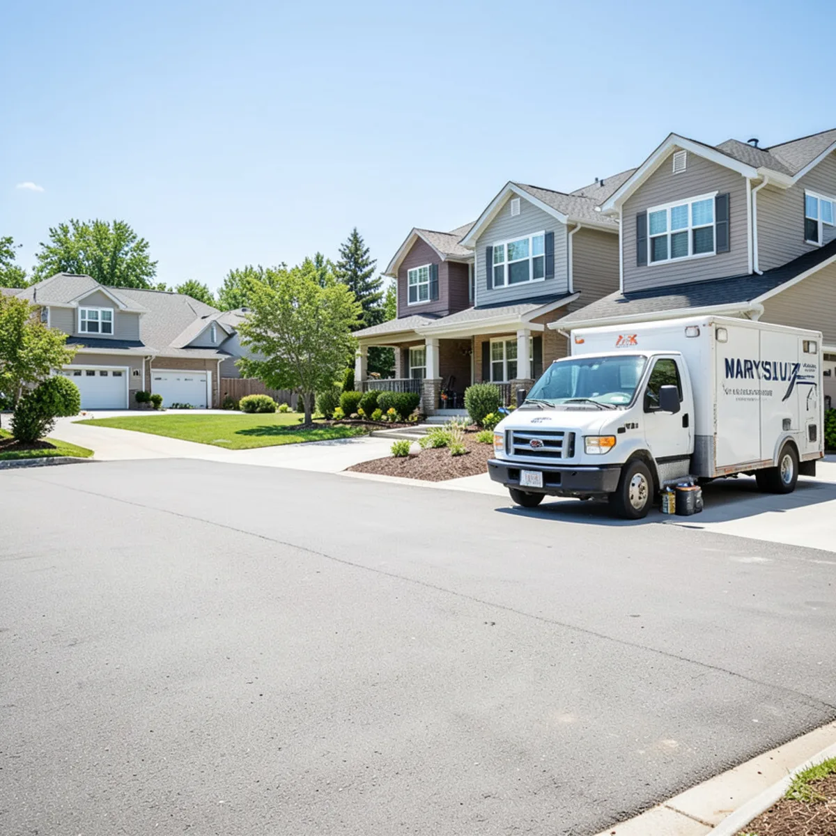 Suburban neighborhood street in Marysville with two-story family homes and plumbing vehicle parked