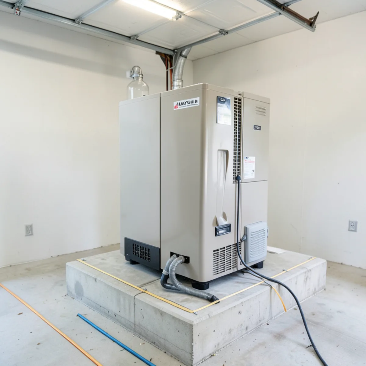 Hybrid heat pump water heater installed on a raised concrete pad inside a Marysville garage