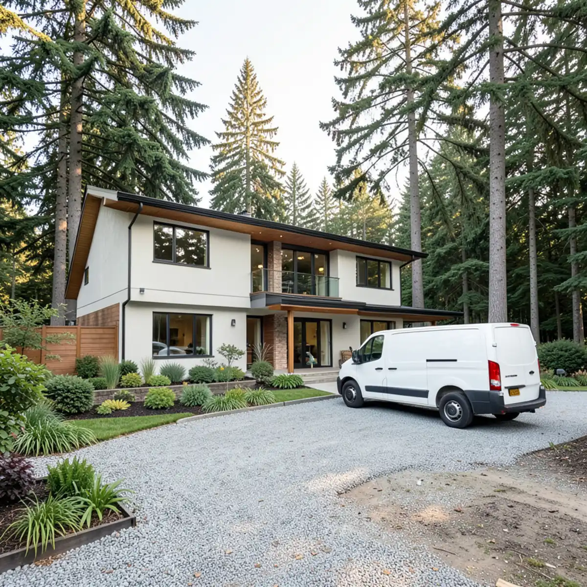 Contemporary two-story home in Mill Creek surrounded by tall cedar trees and service van in driveway