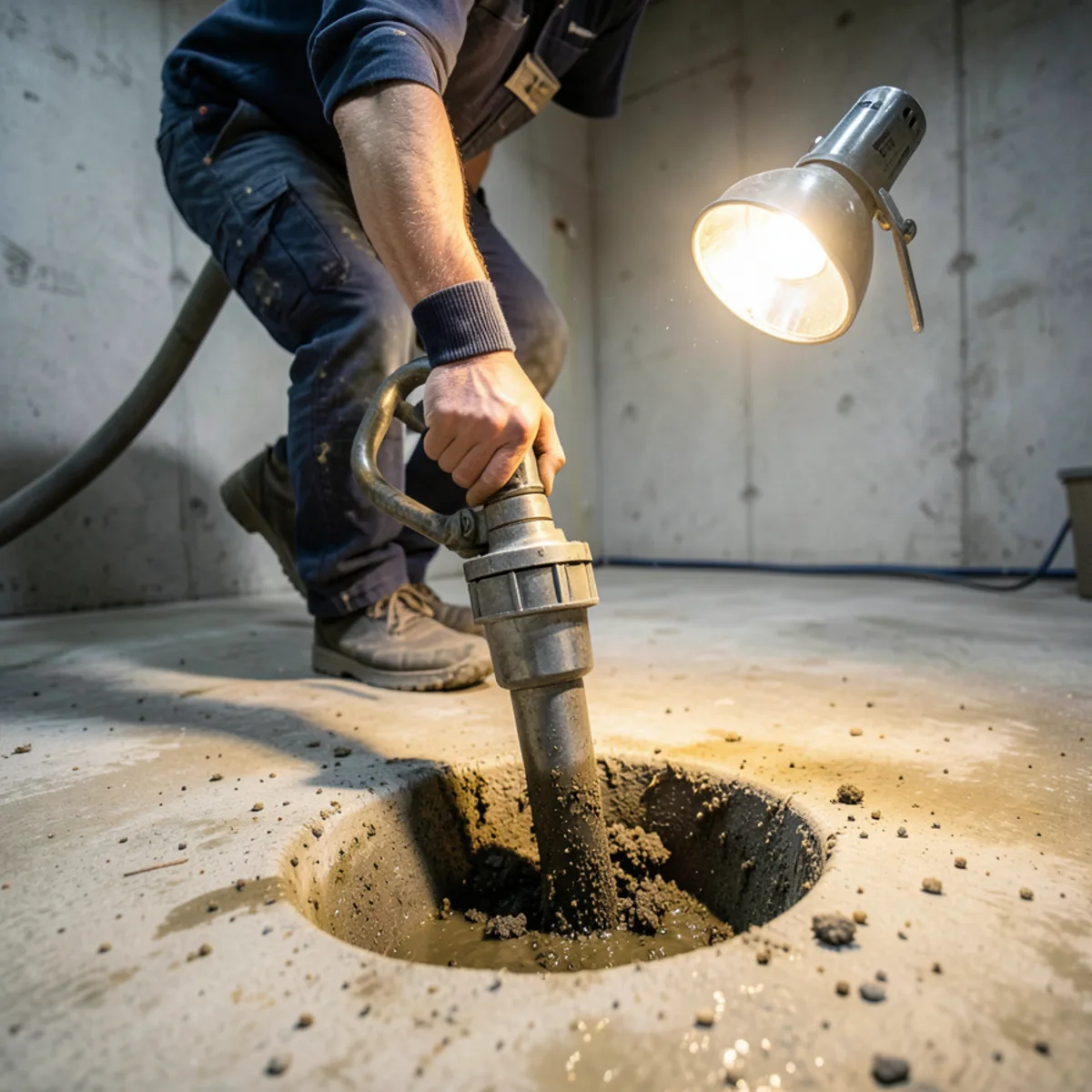 Plumber operating wet vacuum nozzle over basement floor drain removing river silt and debris