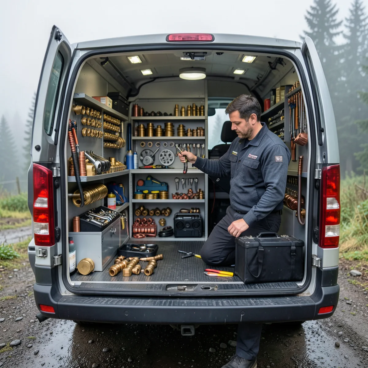 Rear view of organized trade plumbing service van with fittings and diagnostic tools