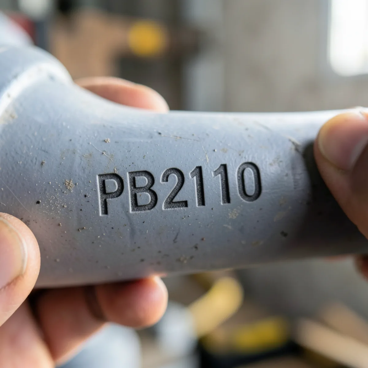Embossed manufacturer stamp reading PB2110 on weathered gray flexible pipe section