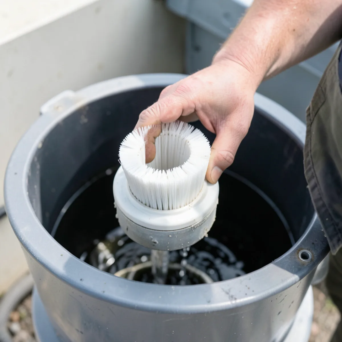 Technician lifting clean bristle effluent filter from sanitary tee baffle inside septic tank riser