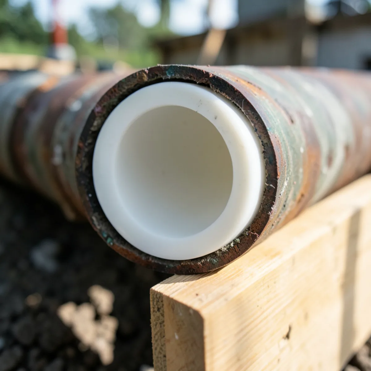 Cross-section of cured-in-place pipe showing smooth resin liner bonded tightly inside host pipe