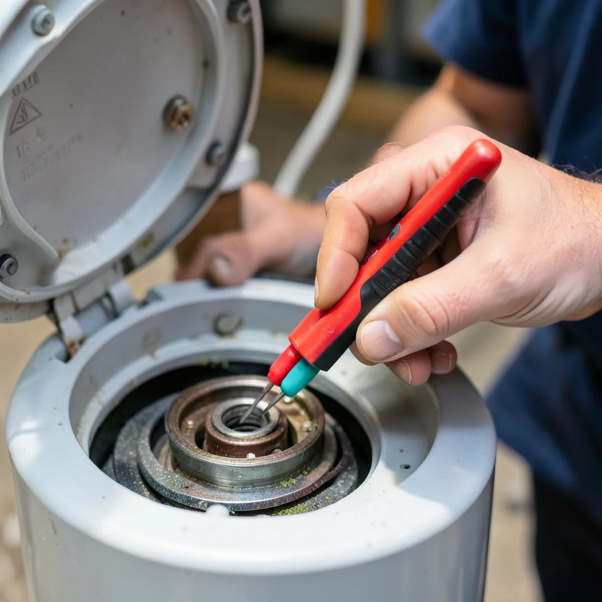 Digital multimeter probes testing electrical resistance on a screw-in water heater heating element
