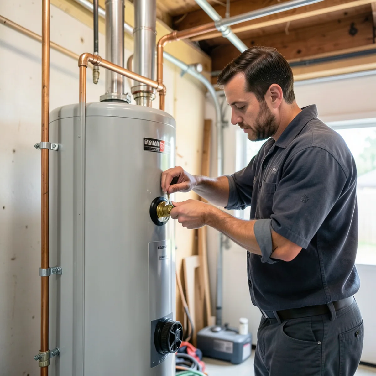 Licensed plumber testing gas control valve on a newly installed water heater in a Snohomish garage