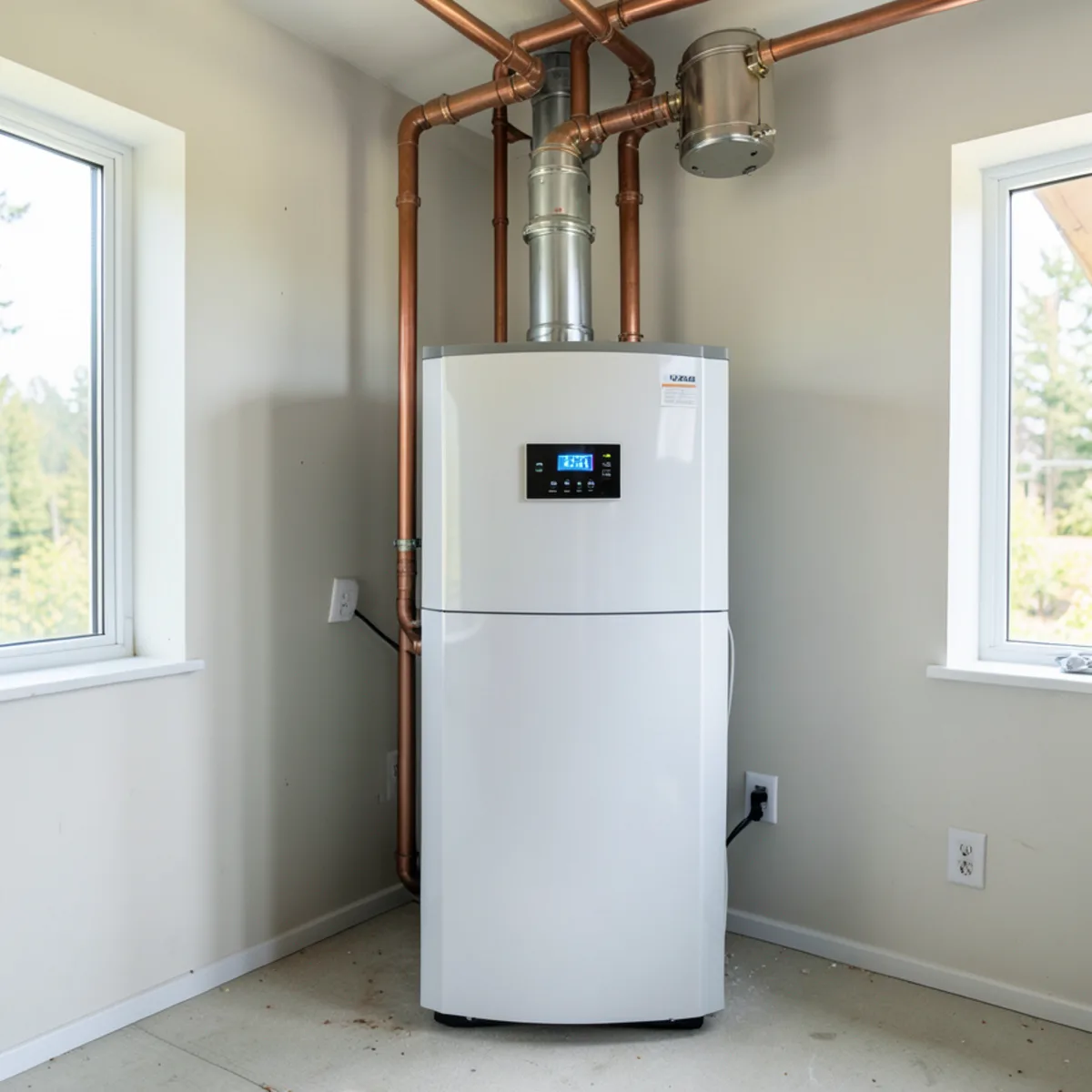 Modern hybrid heat pump water heater in utility room with digital dashboard and expansion tank