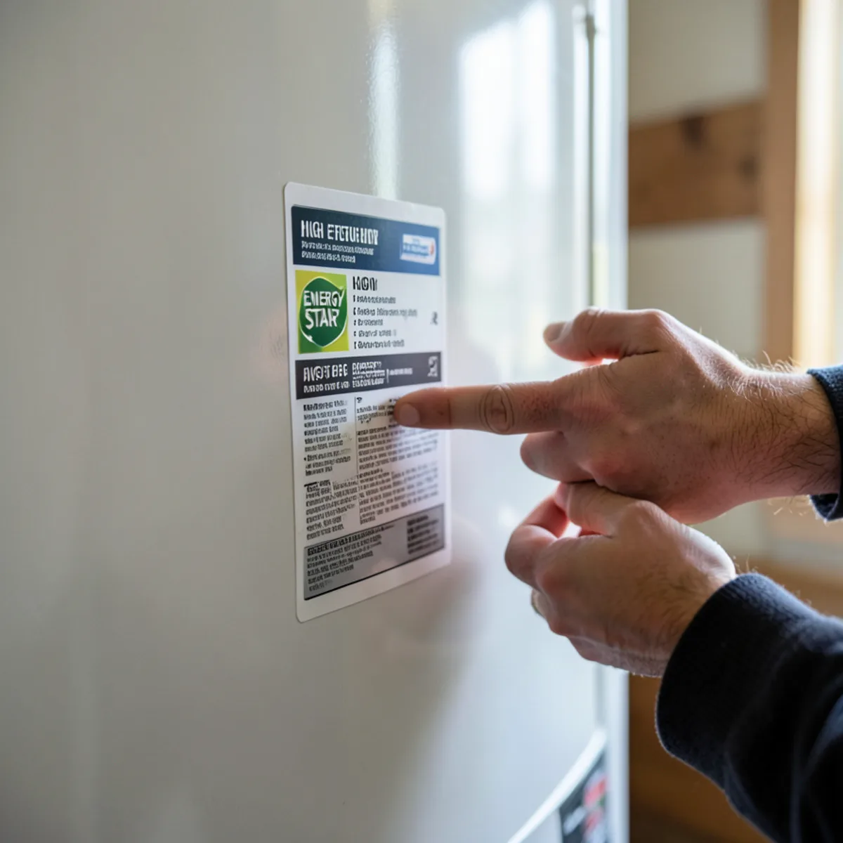 Energy Star rating label on hybrid water heater indicating PUD and PSE rebate eligibility