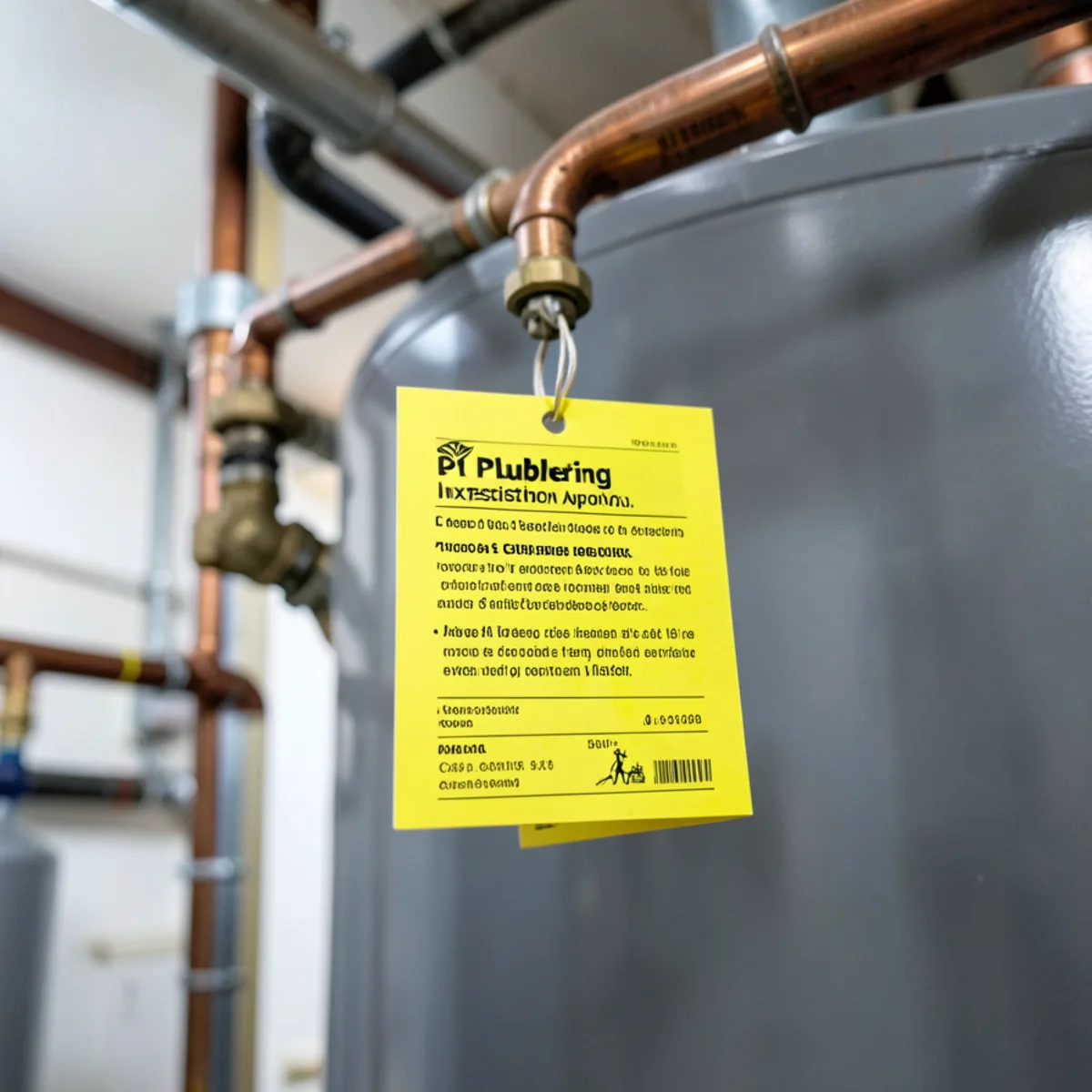 Signed city plumbing permit inspection approval card hanging from water heater copper pipe